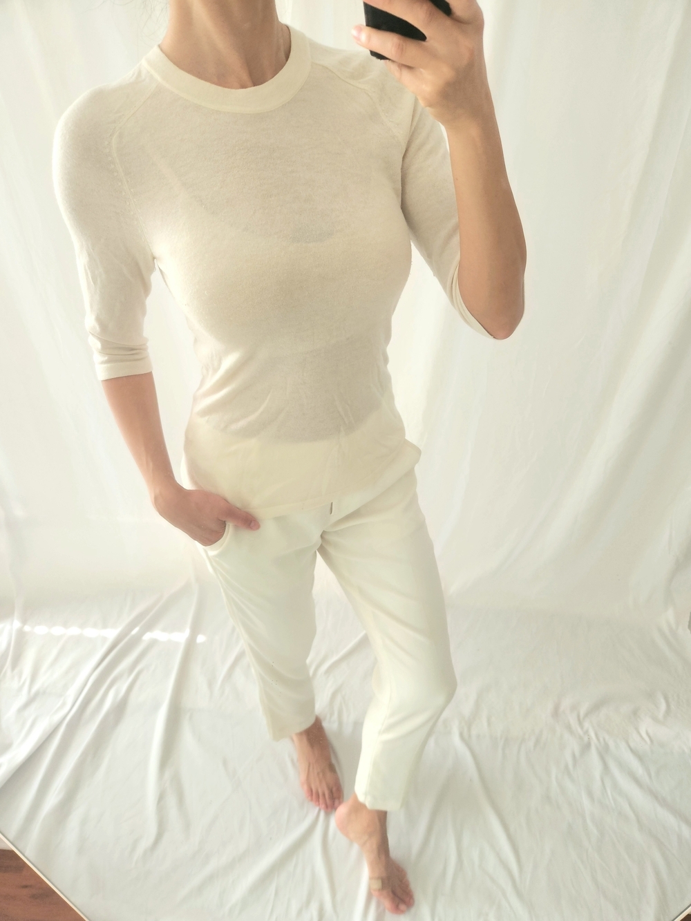 Vince Wool Cashmere Cream Scoop Neck Lightweight Sweater